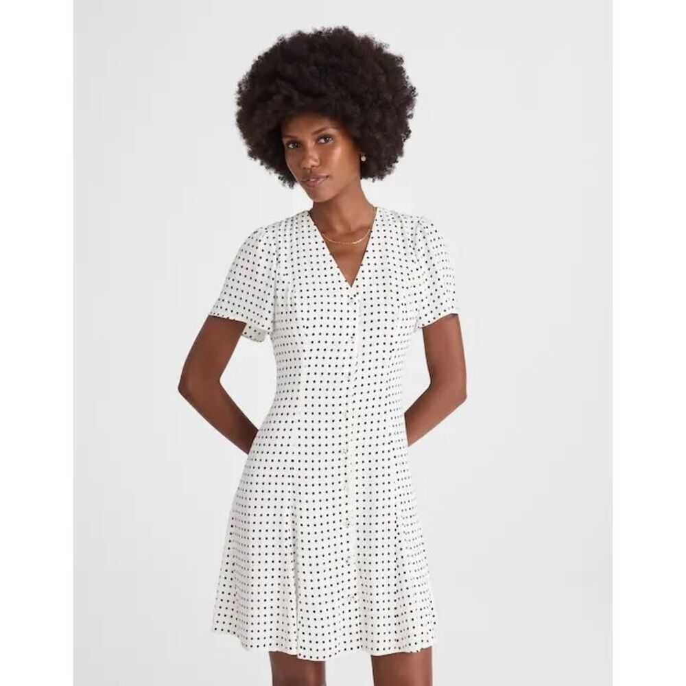 Madewell Button-Front Mini Dress Linear Polka Dots Lighthouse White Black 8 NWT